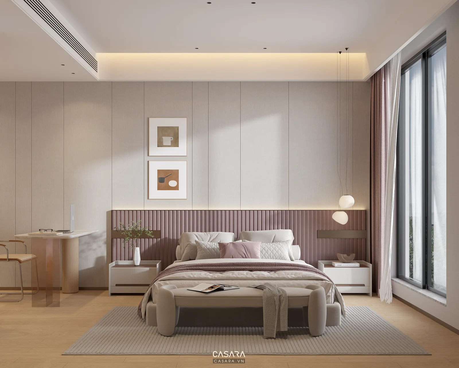 phòng ngủ nhỏ có lối đi quanh giường và tủ áo âm tường