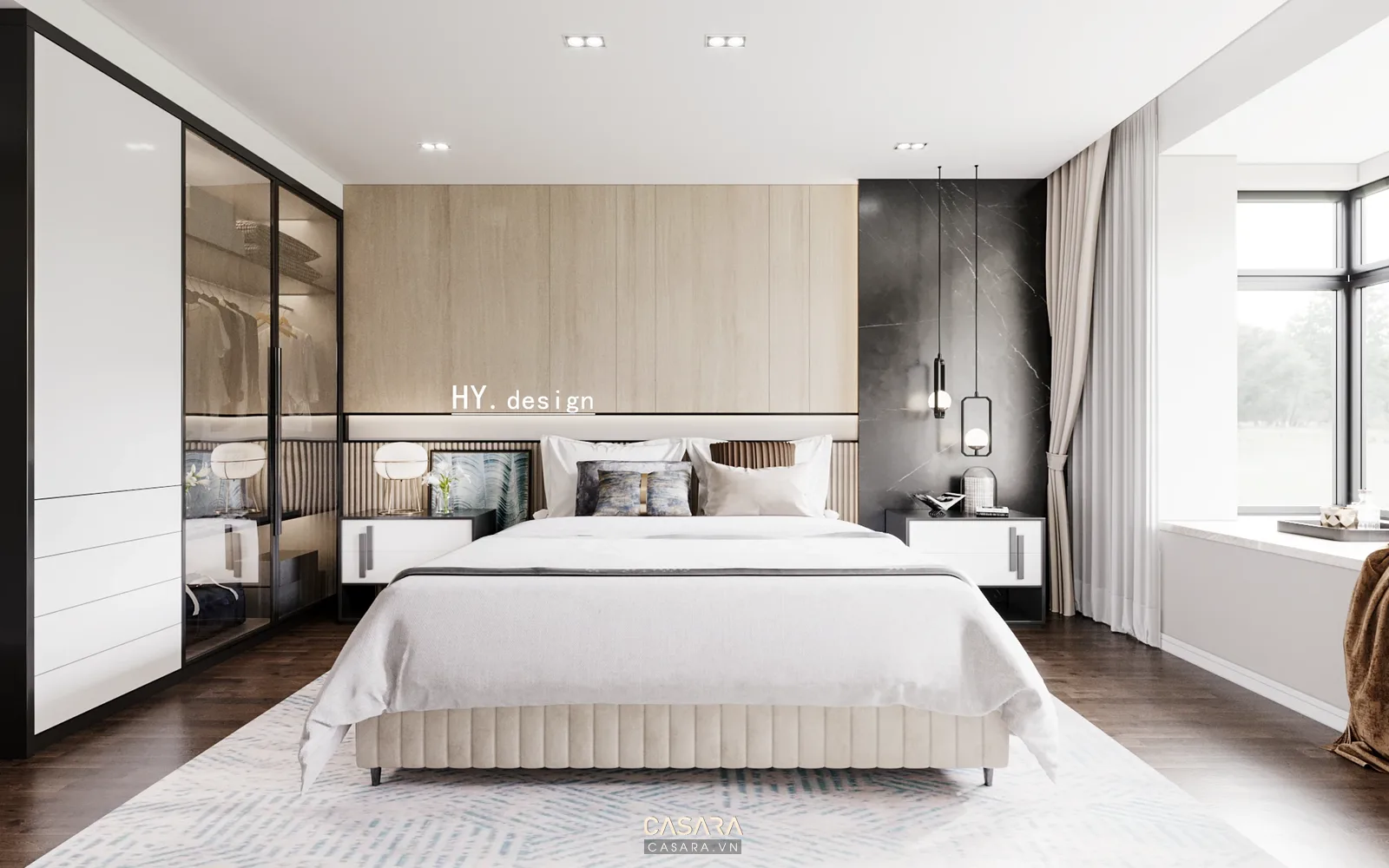 Phòng ngủ chính căn hộ 70m2 2 phòng ngủ có giường và tủ quần áo