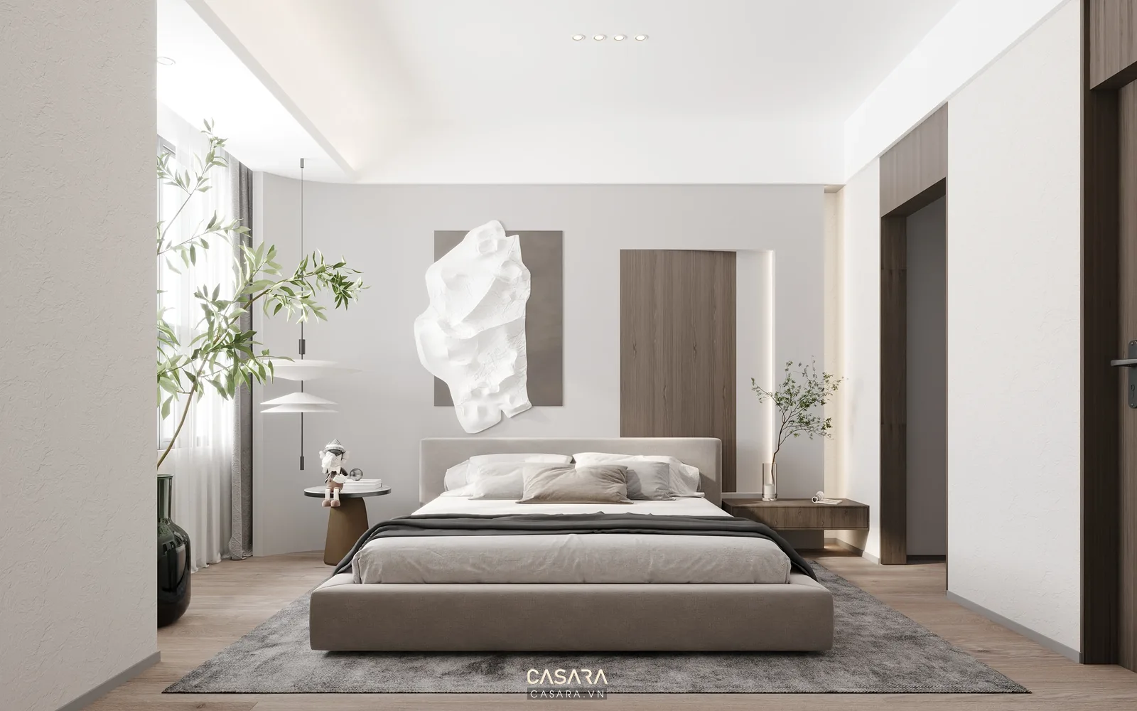 phòng ngủ căn hộ thiết kế đẹp với giường bọc vải và tủ áo gỗ sáng