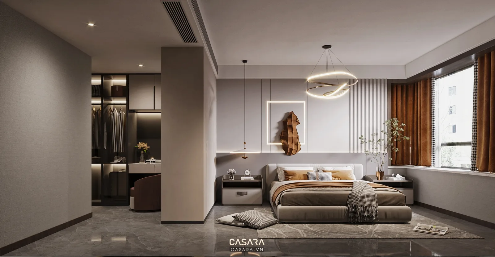 Chung cư 55m2 với phòng ngủ nhỏ giường gỗ tủ áo kịch trần bàn làm việc treo tường màu trung tính