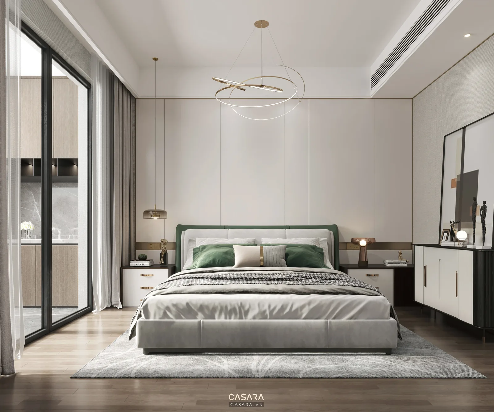 Thi công nội thất phòng ngủ căn hộ TP HCM với tủ áo gỗ công nghiệp và giường hiện đại