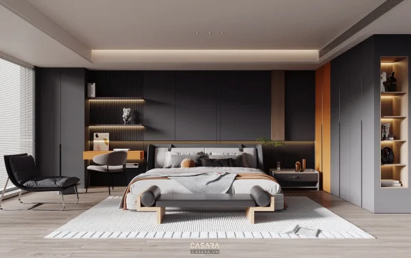 Phòng ngủ hiện đại có giường trung tâm, tủ âm tường tối màu và kệ trang trí có đèn