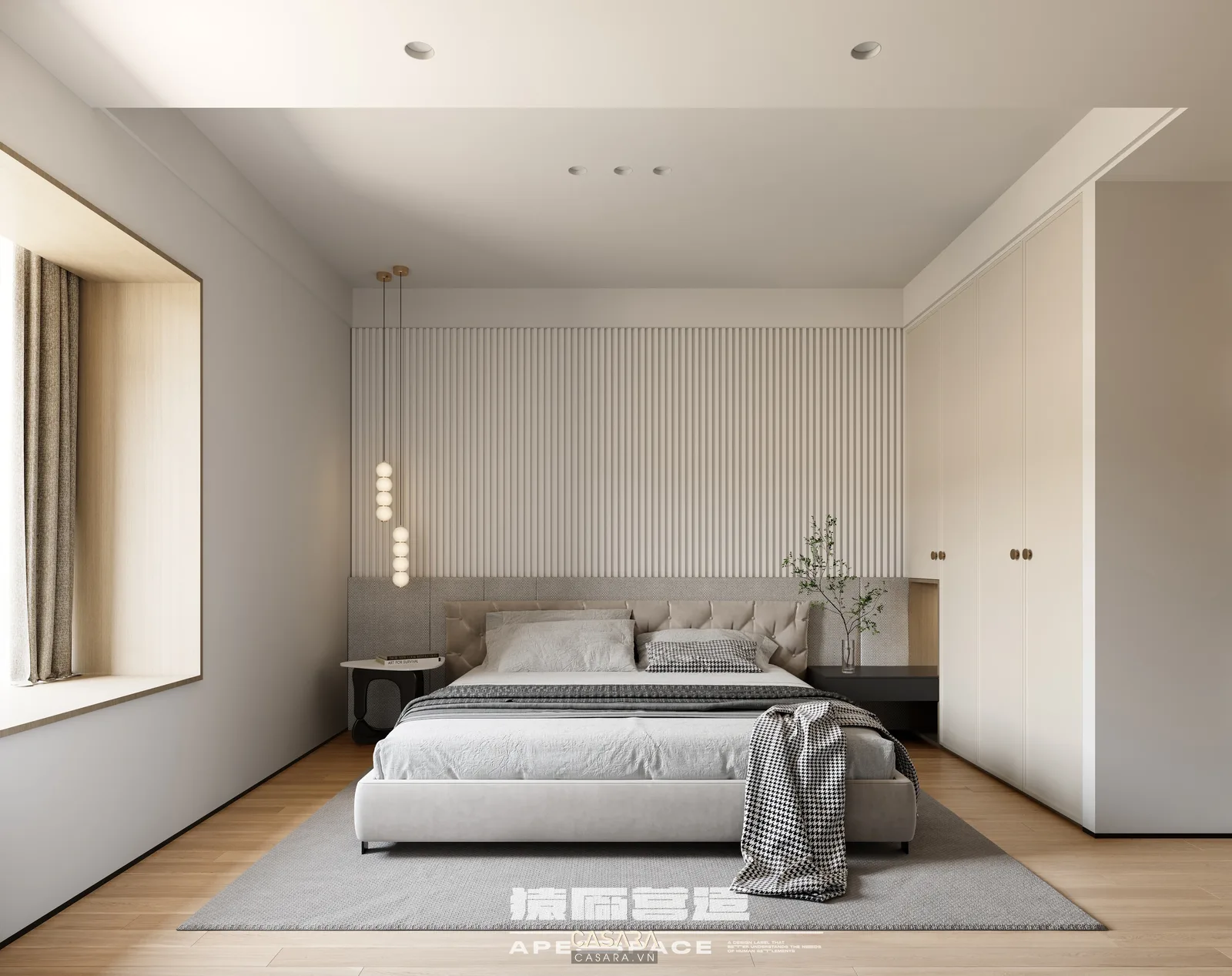 Phòng ngủ nhà phố hiện đại đẹp với giường bọc nệm và tủ áo âm tường