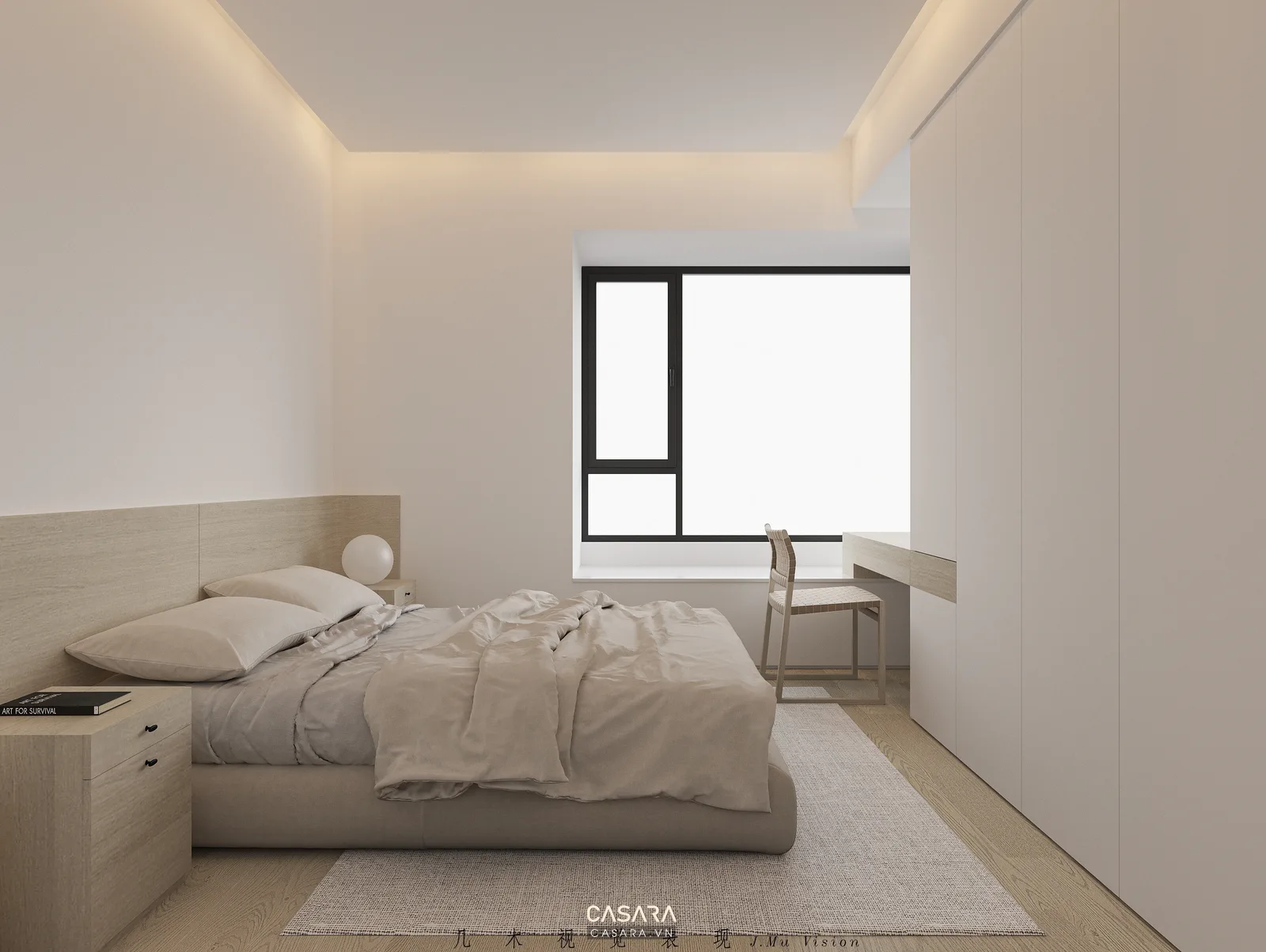 Bàn làm việc cạnh cửa sổ và giường ngủ riêng tư trong căn hộ studio
