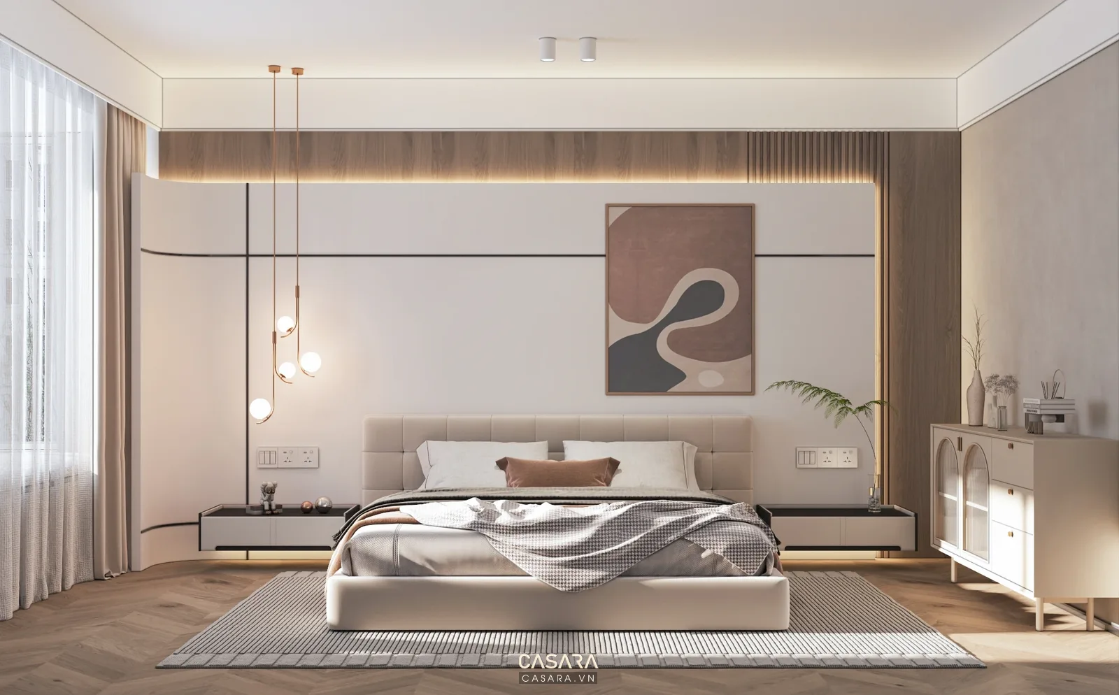 Trang trí tường phòng ngủ đẹp với đầu giường bọc vải ốp gỗ và tranh lớn