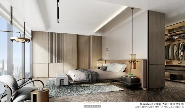 Phòng ngủ hiện đại có giường lớn, tủ áo gỗ và khu thay đồ mở