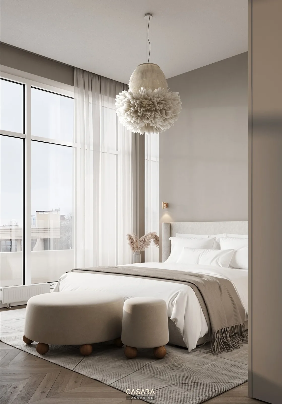Phối cảnh phòng ngủ tại Đà Nẵng với giường đôi tủ áo cao sát trần và bàn trang điểm