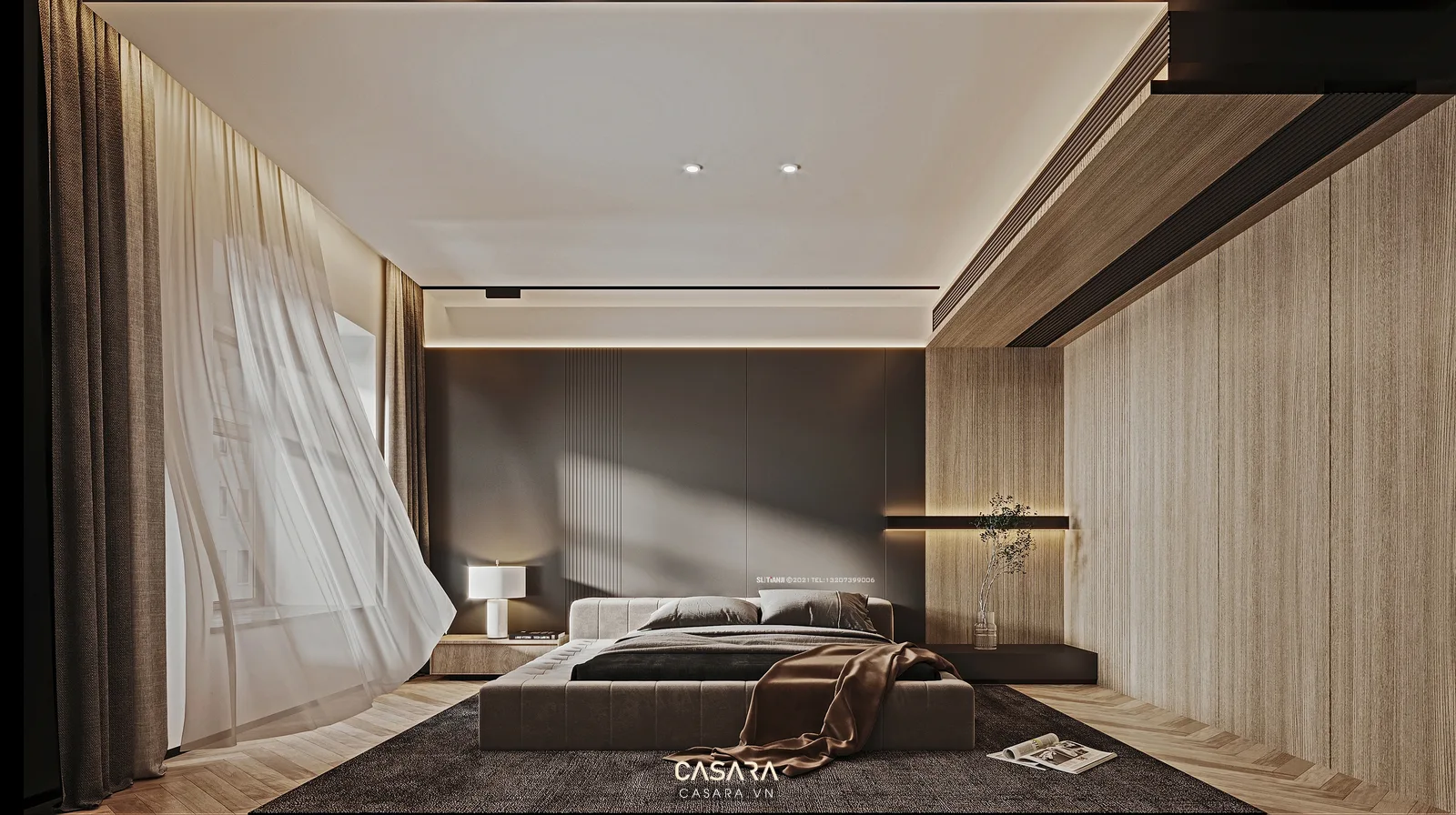 Phòng ngủ nội thất gỗ sáng với giường vải và rèm trung tính