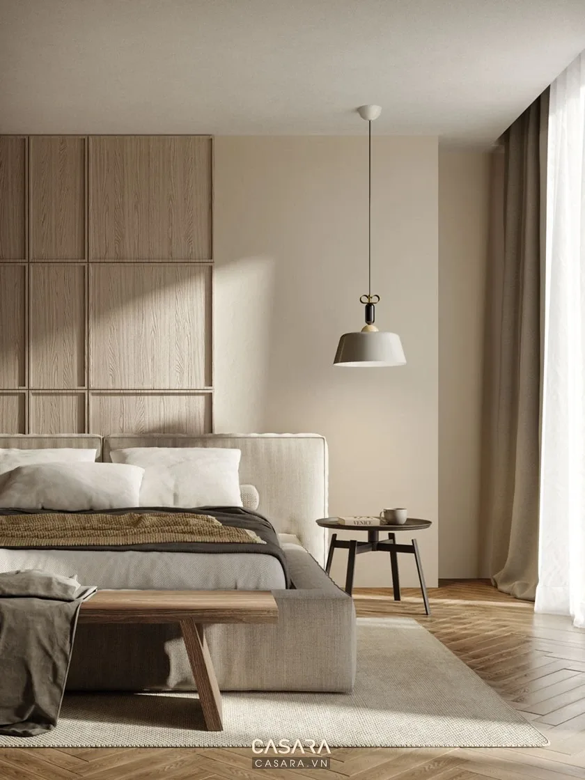 phòng ngủ với tủ áo gỗ công nghiệp vách đầu giường gỗ veneer giường bọc vải và sàn gỗ