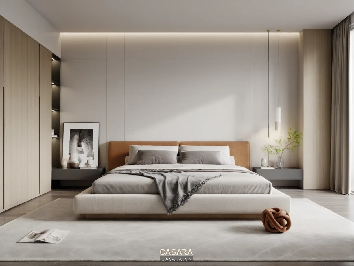 Phòng ngủ nhà chung cư đẹp 60m2 với giường và tủ áo kịch trần màu sáng