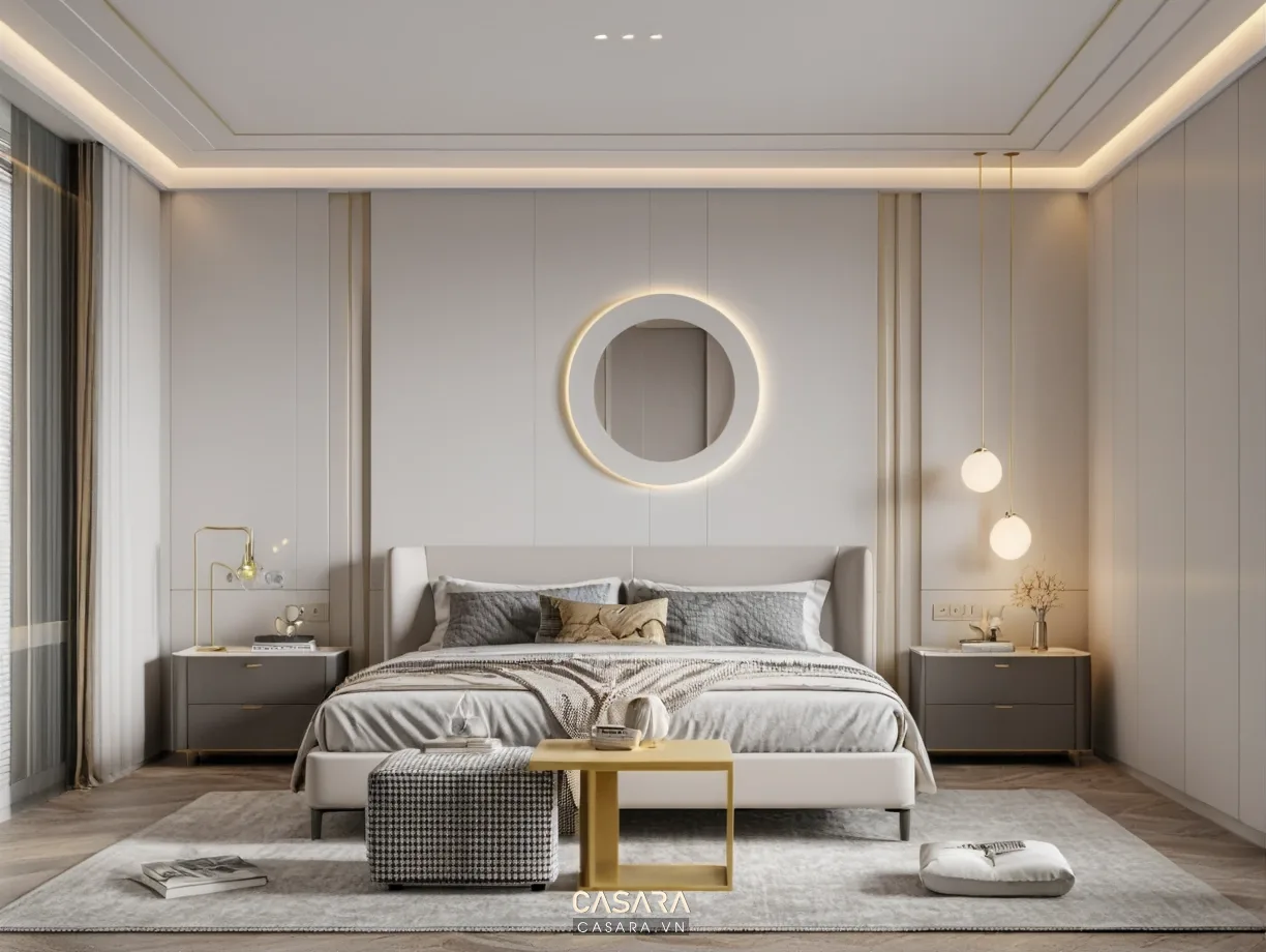 Thiết kế nội thất chung cư 2 phòng ngủ đồng bộ màu gỗ sáng và ánh sáng gián tiếp