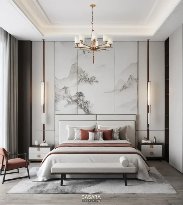 Phòng ngủ hiện đại với giường lớn, vách đầu giường họa tiết núi và đèn chùm trung tâm