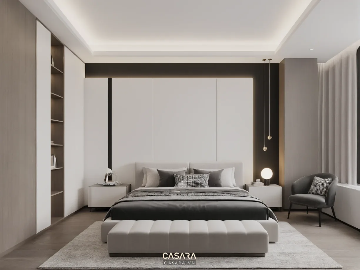 phòng ngủ căn hộ chung cư đẹp với giường, tủ áo và vách đầu giường gỗ