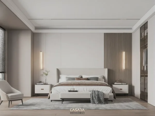 Phòng ngủ hiện đại với giường bọc nệm, tủ đầu giường và vách ốp sọc phía sau