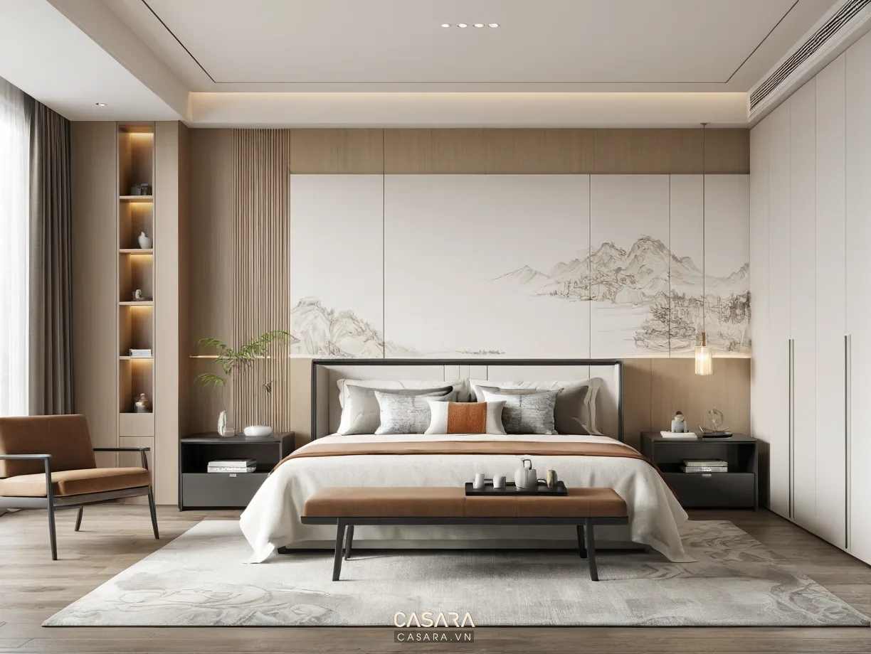 Thiết kế nội thất Indochine phòng ngủ với gỗ và màu ấm
