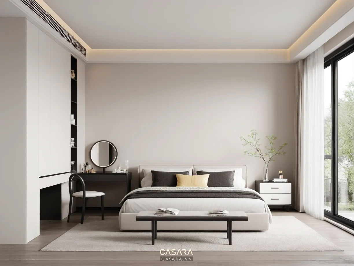 phòng ngủ chung cư hiện đại với giường và tủ áo gọn