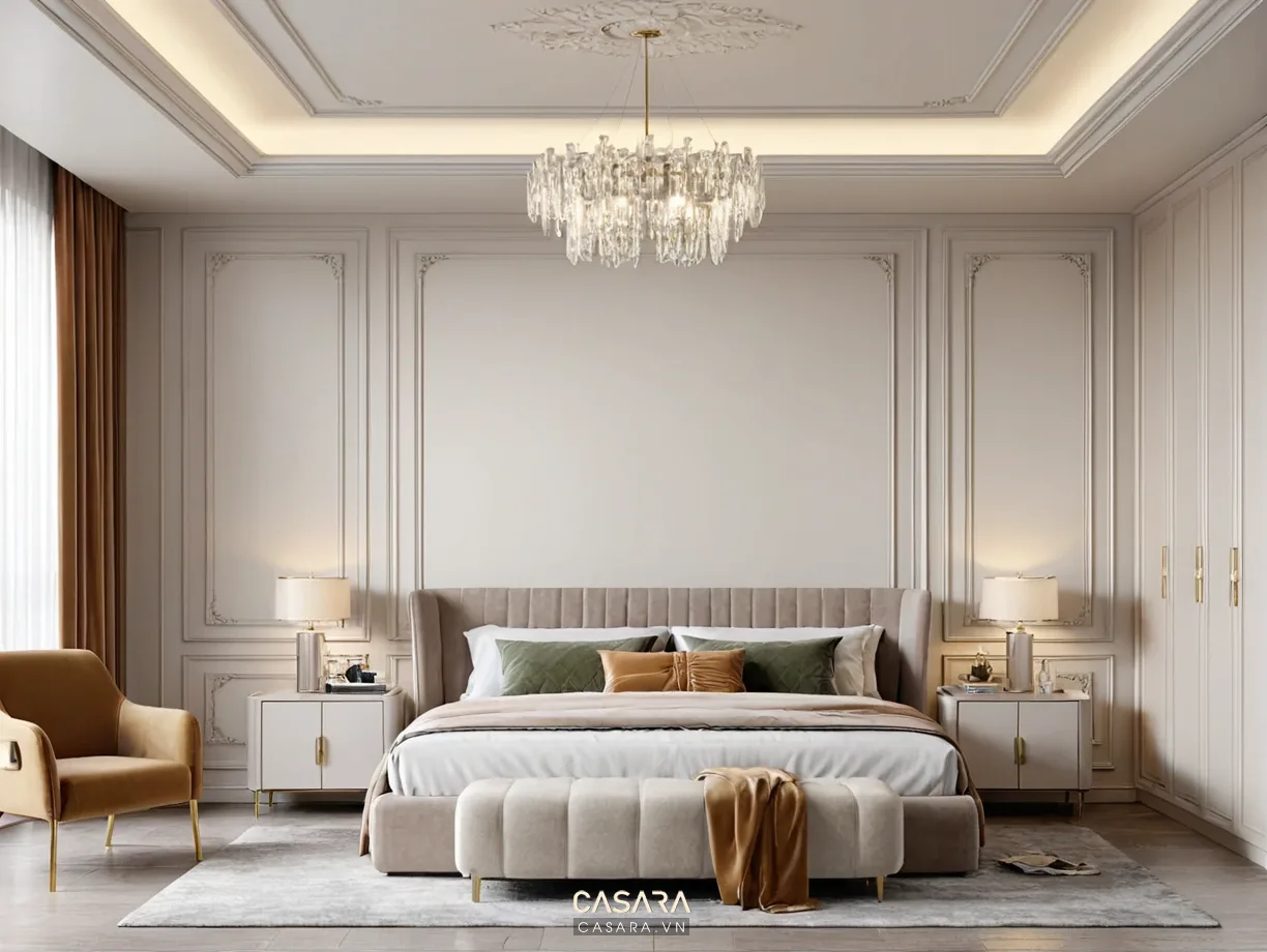 Phòng ngủ căn hộ 1 phòng ngủ có giường bọc vải tủ áo phẳng và rèm cản sáng