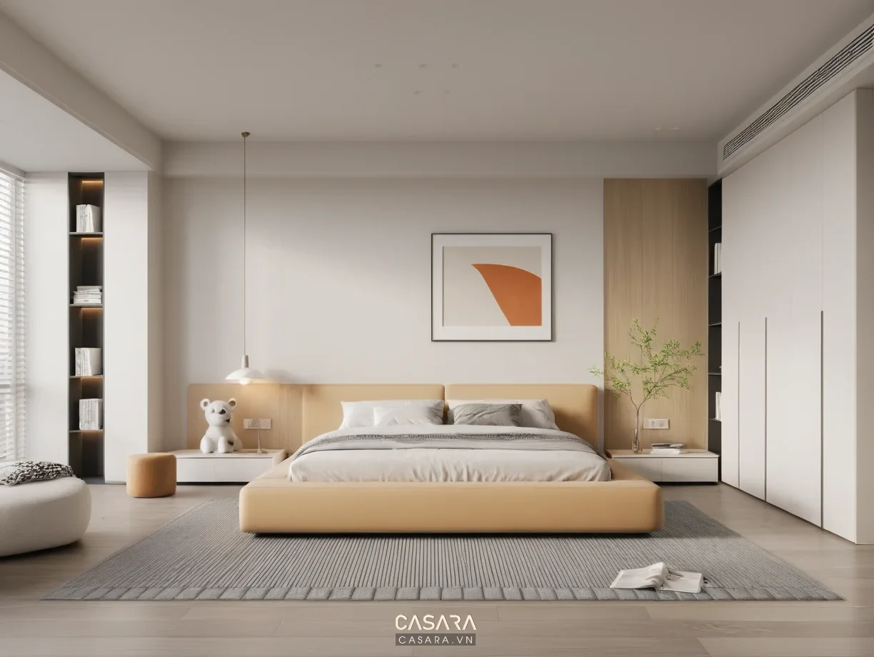 Phòng ngủ hiện đại với tường đầu giường ốp gỗ và giường ngủ bọc nệm