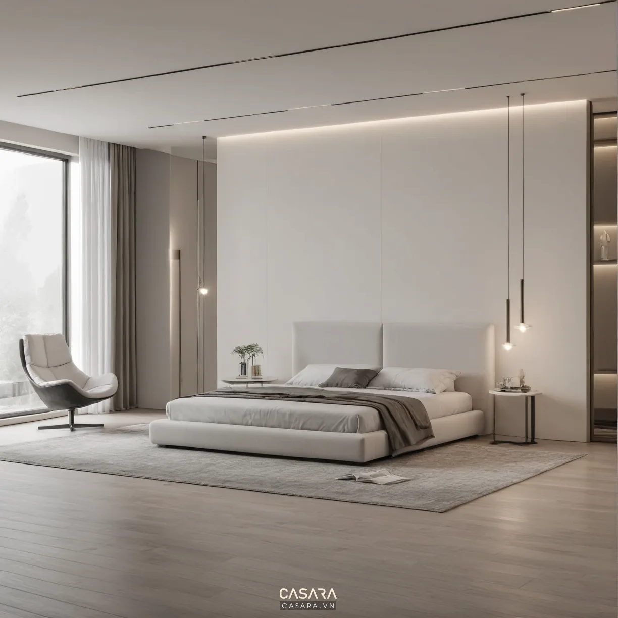 phòng ngủ 50m2 Japandi với giường thấp và sàn gỗ sáng