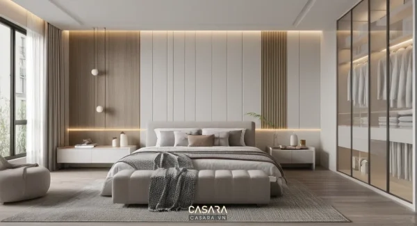 Phòng ngủ hiện đại có giường bọc nệm, vách đầu giường ốp gỗ và tủ áo cửa kính