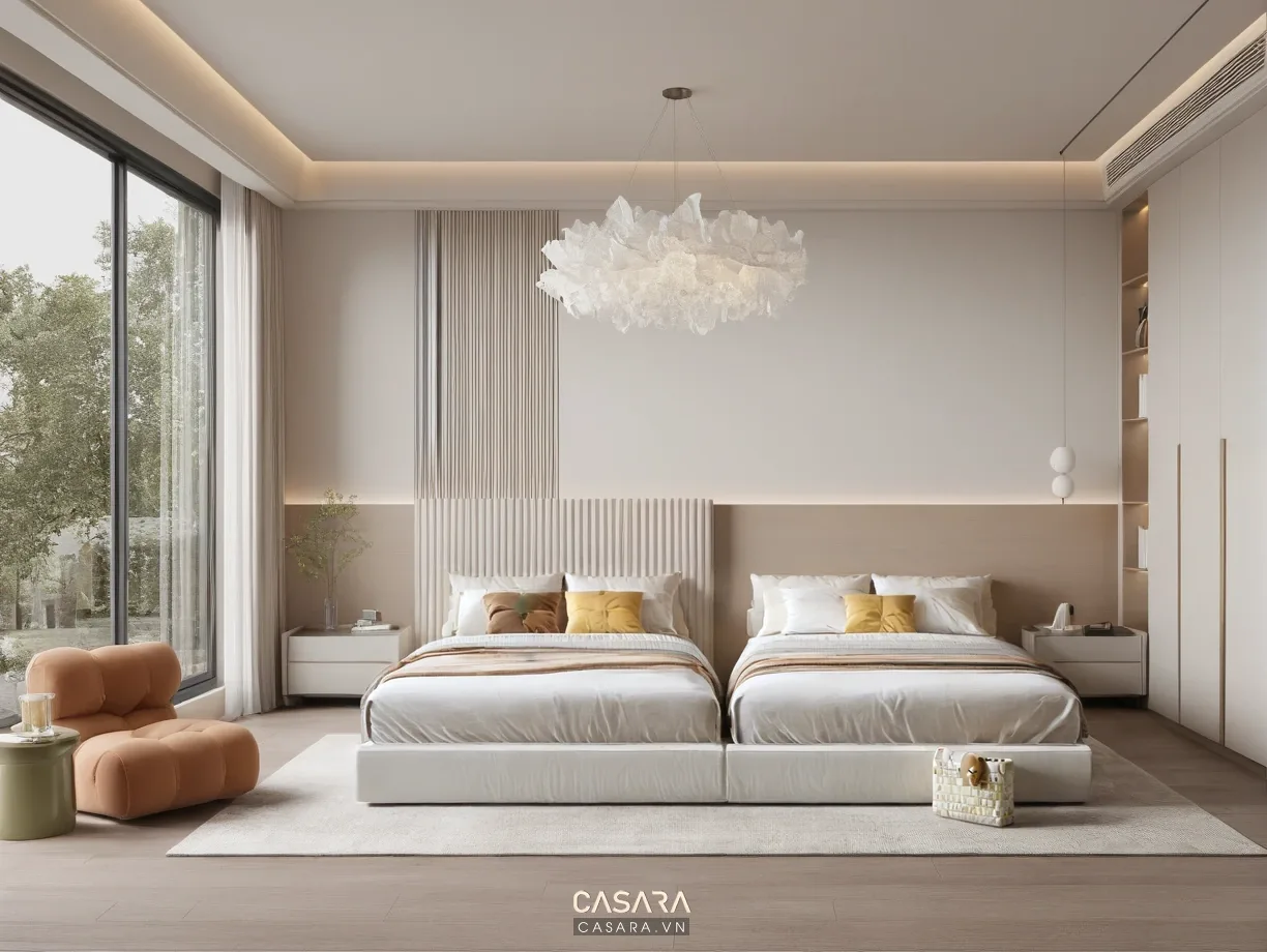 Phòng ngủ 2 bé gái với hai giường đơn song song tab đầu giường ga pastel và tường sáng màu