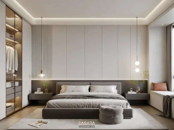 Phòng ngủ hiện đại có giường lớn, tủ âm tường và ánh sáng hắt trần
