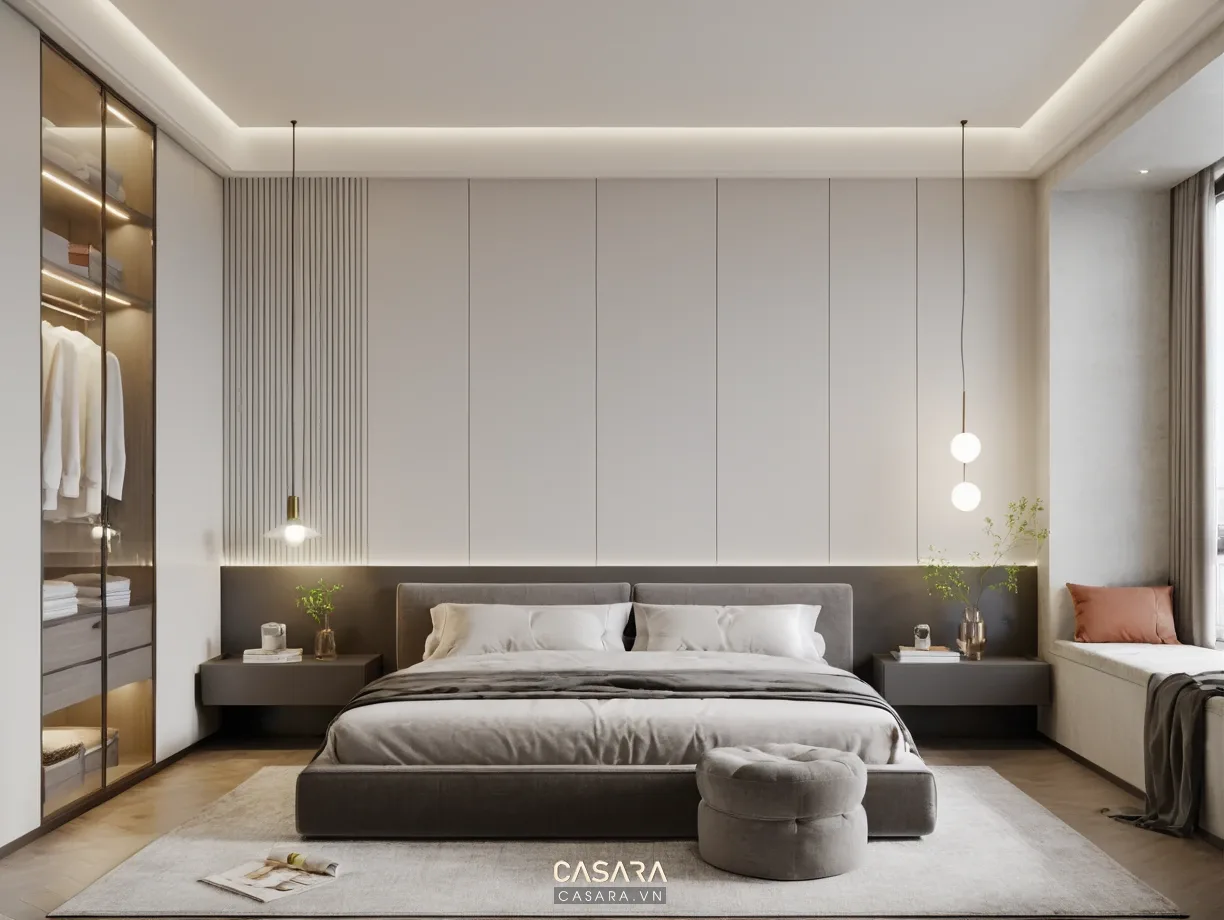 Phòng ngủ chính căn hộ 2 ngủ Vinhomes Smart City với giường và tủ cao kịch trần