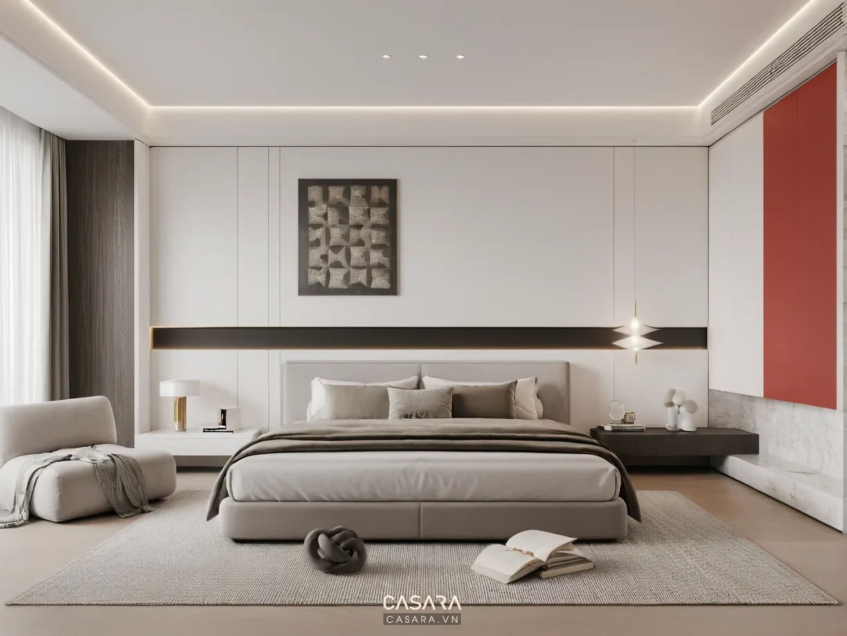 Mẫu phòng ngủ chung cư đẹp có giường bọc nệm và tủ áo kịch trần