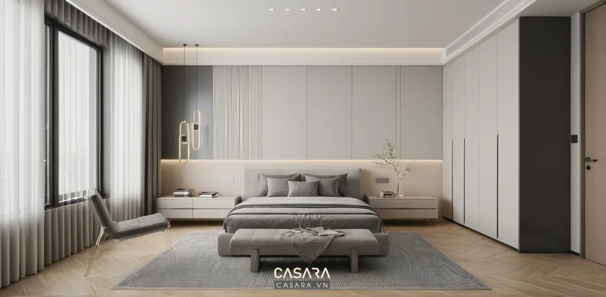 Tủ lưu trữ âm căn hộ 2 phòng ngủ 70m2 với tủ giày hành lang và hộc kín màu gỗ sáng