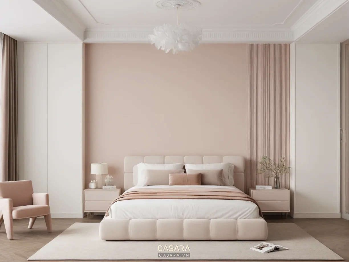 Phòng ngủ trang trí hiện đại ấm áp với giường gỗ và tường đầu giường ốp lam