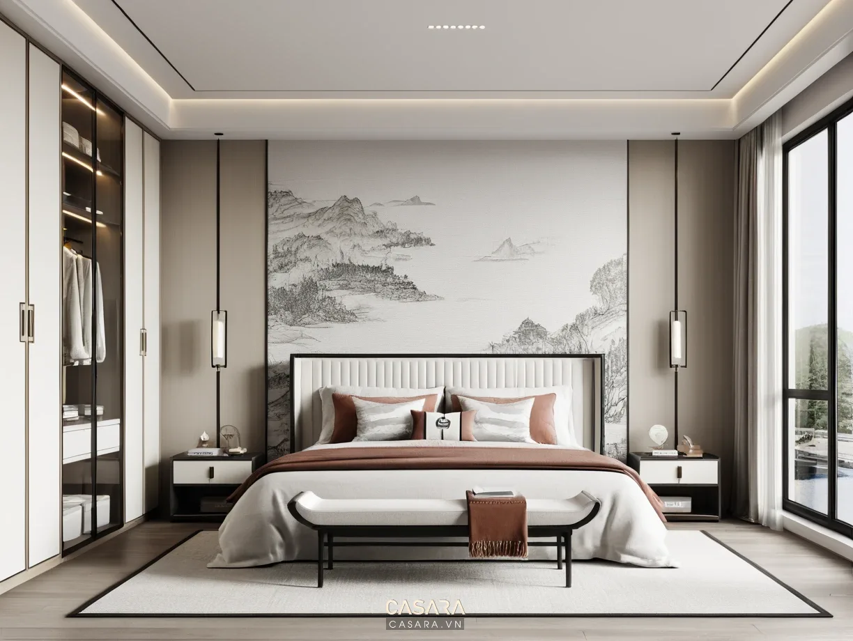 Giường ngủ trong căn studio Vinhomes Ocean Park với đầu giường gỗ sáng, đèn đọc sách, rèm cao, vách lửng và tủ quần áo âm tường
