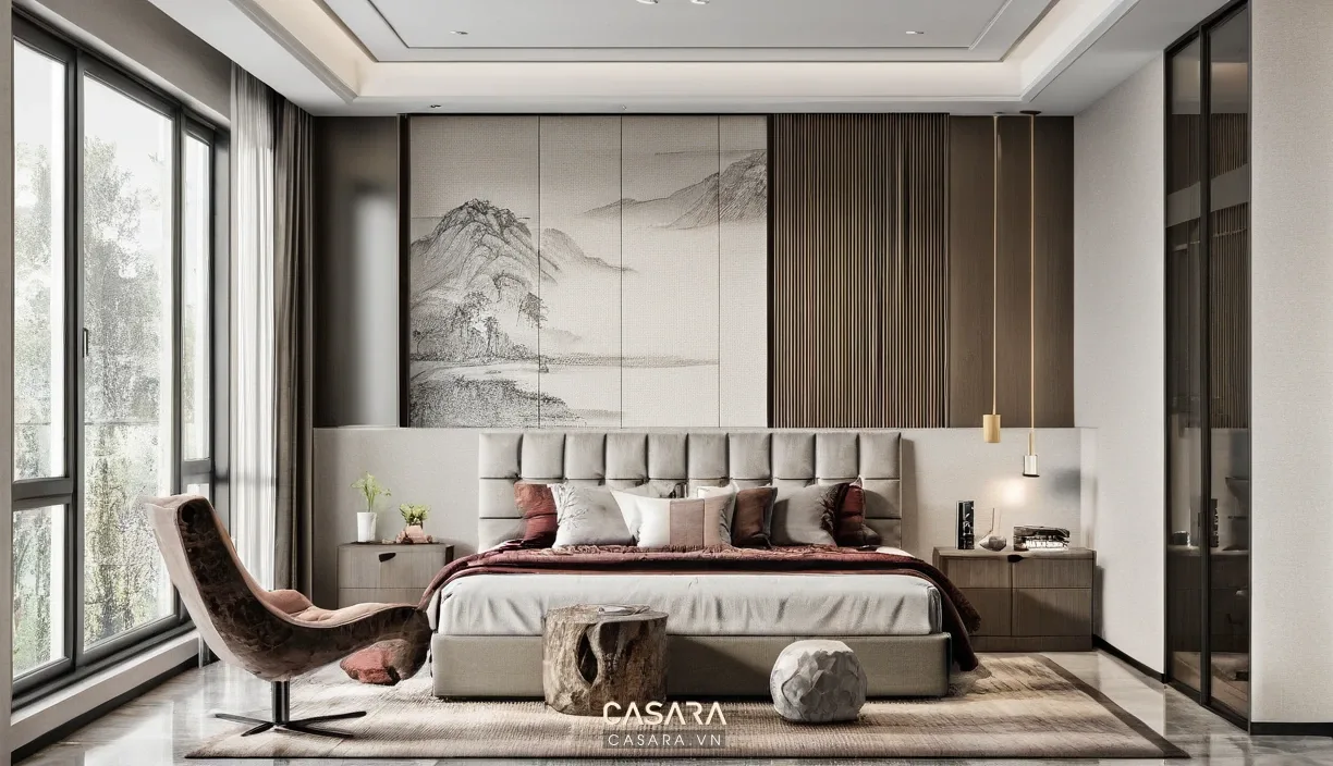 phối cảnh phòng ngủ hiện đại với giường bọc nệm tủ áo kịch trần bàn trang điểm và màu gỗ ấm