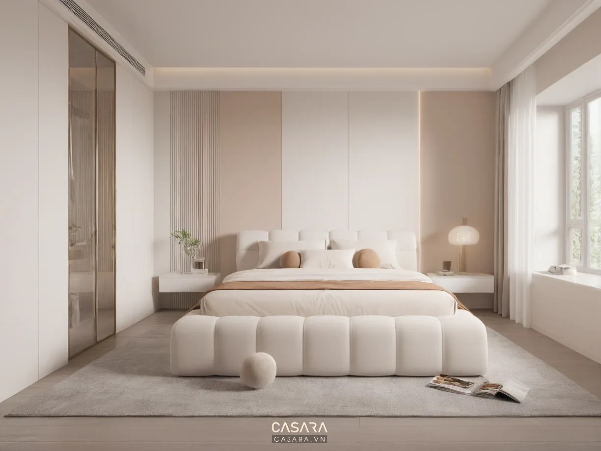 Phòng ngủ căn hộ Vinhomes với giường bọc nệm và vách đầu giường gỗ