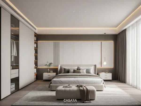 Phòng ngủ hiện đại với giường lớn, tủ áo âm tường và hệ đèn hắt trần