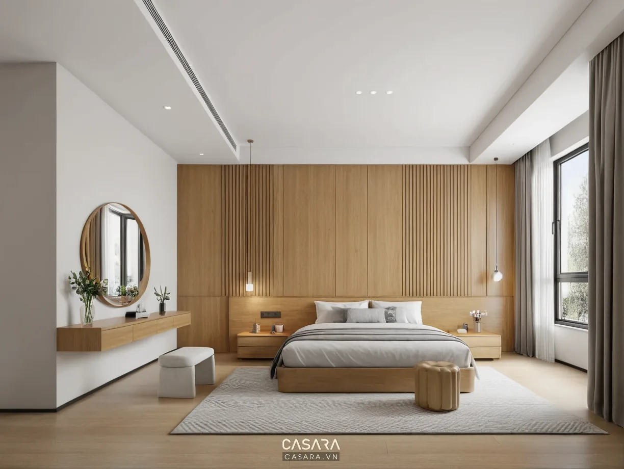 Tủ áo phòng ngủ căn hộ chung cư kịch trần kết hợp bàn trang điểm gỗ màu sáng
