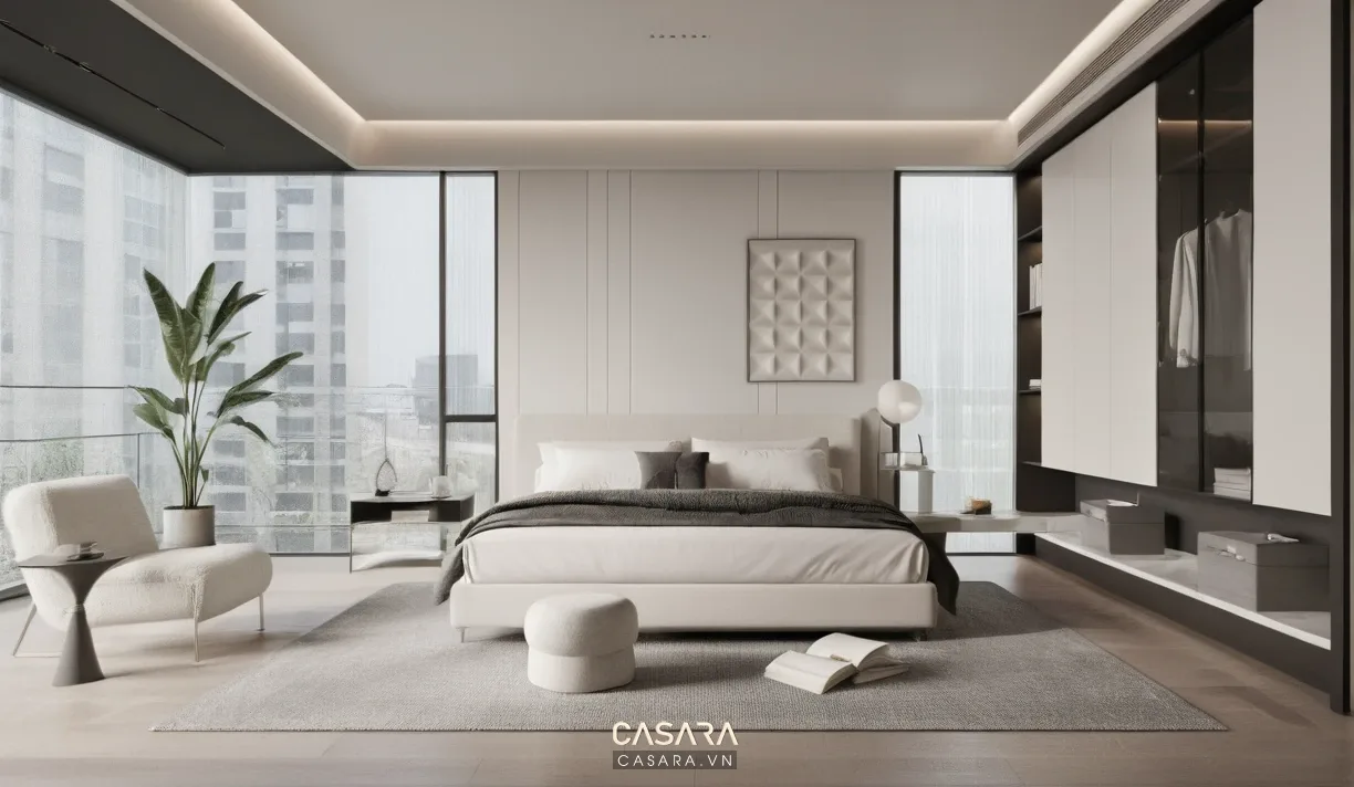 thiết kế phòng ngủ 50m2 với giường lớn khu thay đồ bàn trang điểm ghế thư giãn và tủ áo