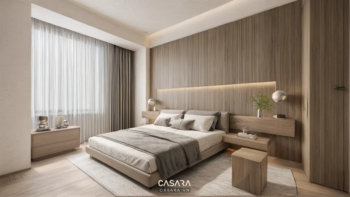 Phòng ngủ thiết kế nội thất đẹp hiện đại với giường bọc nệm, tủ áo kịch trần và vách đầu giường gỗ