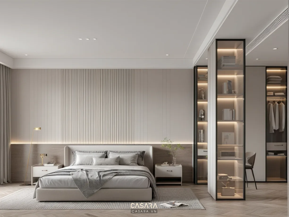 tủ trang trí phòng ngủ gỗ công nghiệp trắng ấm và gỗ sáng