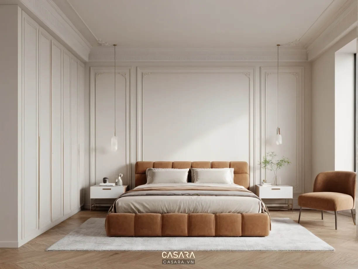 Phòng ngủ căn hộ với giường tủ áo và lối đi gọn gàng