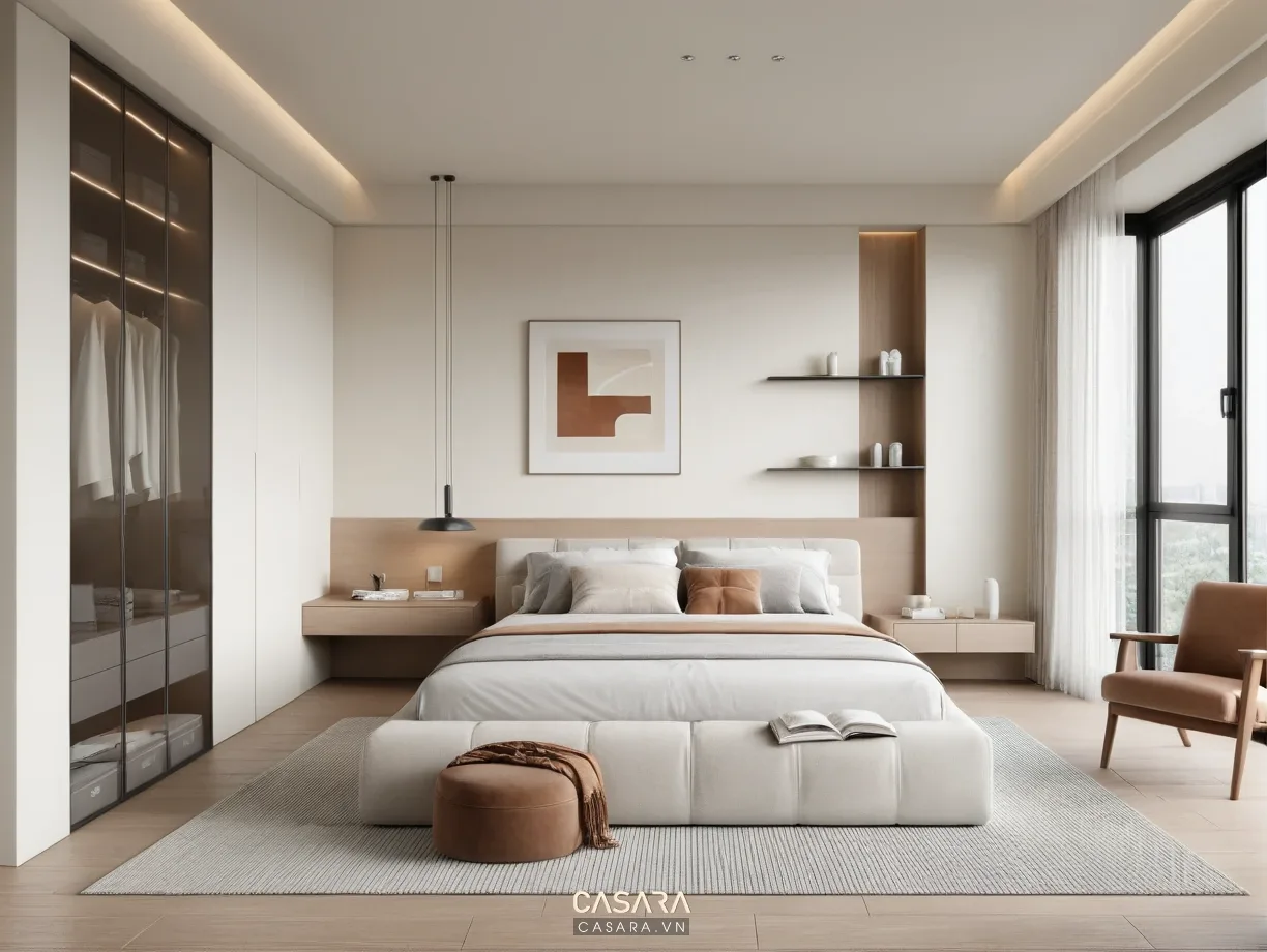 Giường ngủ căn hộ chung cư nhỏ có lối đi hai bên và tab đầu giường gọn