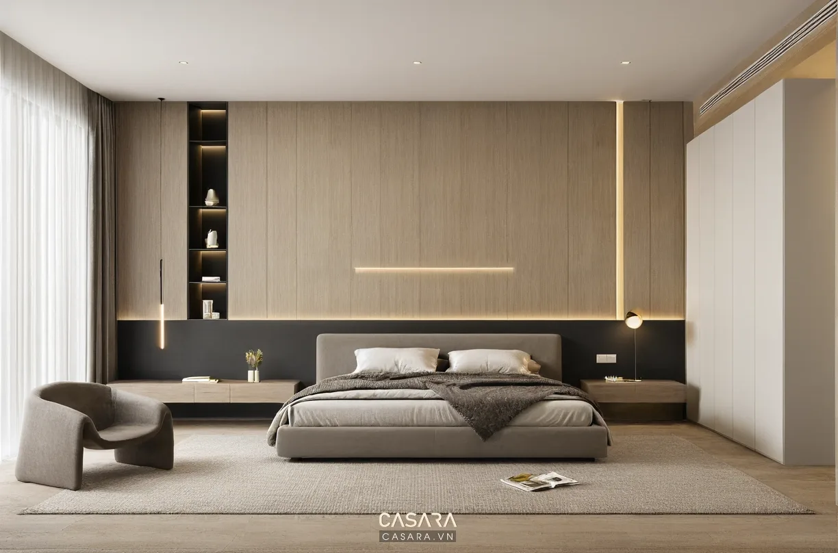 Phòng ngủ căn hộ 2 phòng ngủ với giường bọc nệm, tủ áo âm tường và ánh sáng ấm