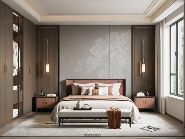 Phòng ngủ hiện đại có giường đôi, tủ áo âm tường và cửa sổ lớn