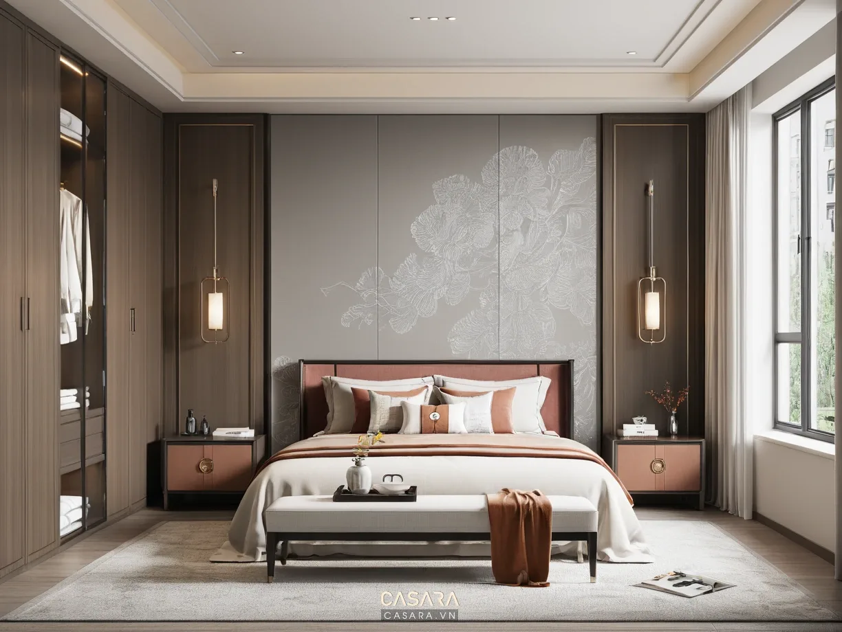 Phòng ngủ chính căn hộ 50m2 2 phòng ngủ có giường đôi và tủ áo kịch trần