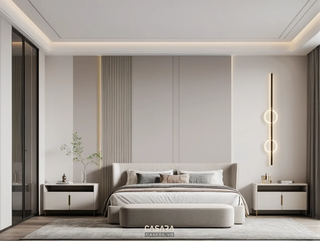 Phòng ngủ master chung cư 72m2 với đầu giường gỗ và đèn ngủ