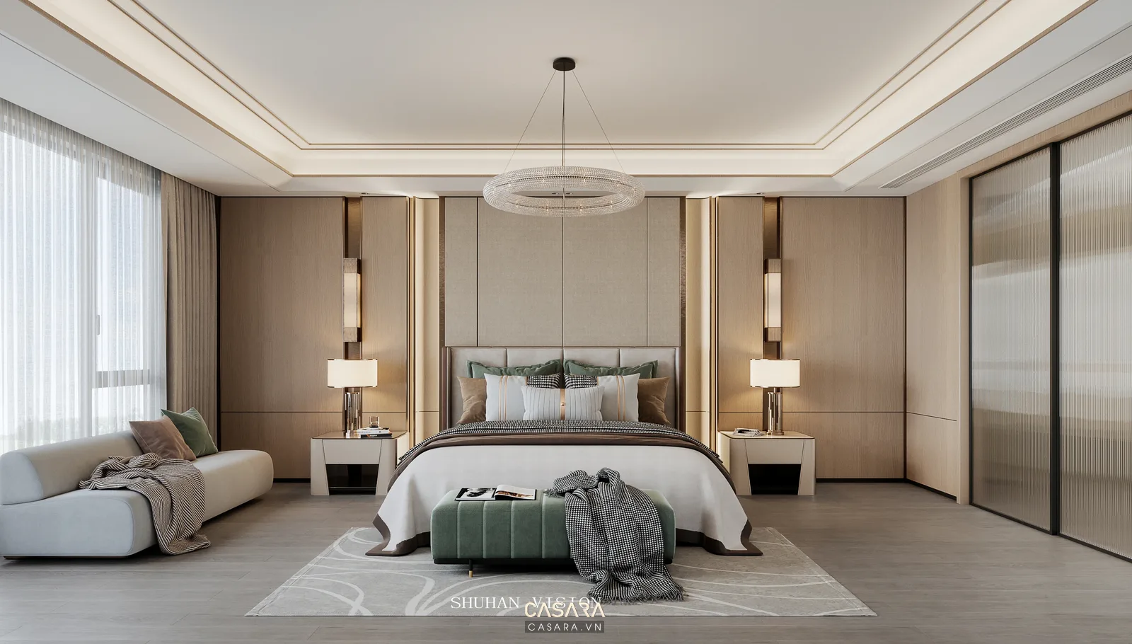 Thiết kế phòng ngủ 50m2 với giường lớn, khu thay đồ, ghế thư giãn và tủ áo gỗ sáng