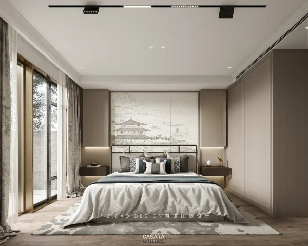 Phòng ngủ hiện đại với giường lớn, tủ âm tường và vách đầu giường trang trí tranh nét