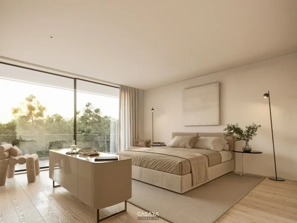 Phòng ngủ hiện đại có giường bọc vải, cửa kính lớn và ánh sáng tự nhiên