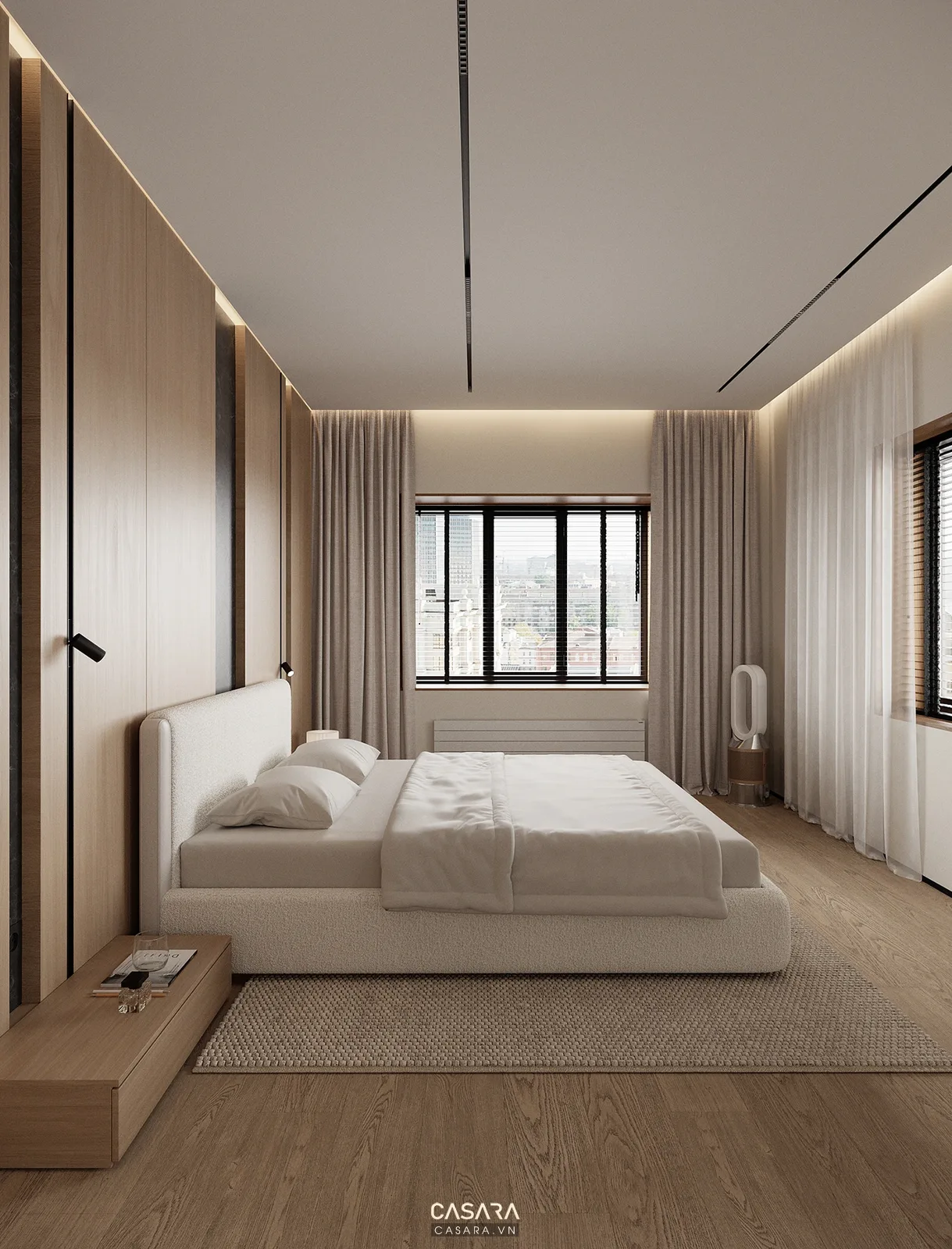 phòng ngủ hiện đại với giường tủ áo và ánh sáng ấm trong thiết kế nội thất