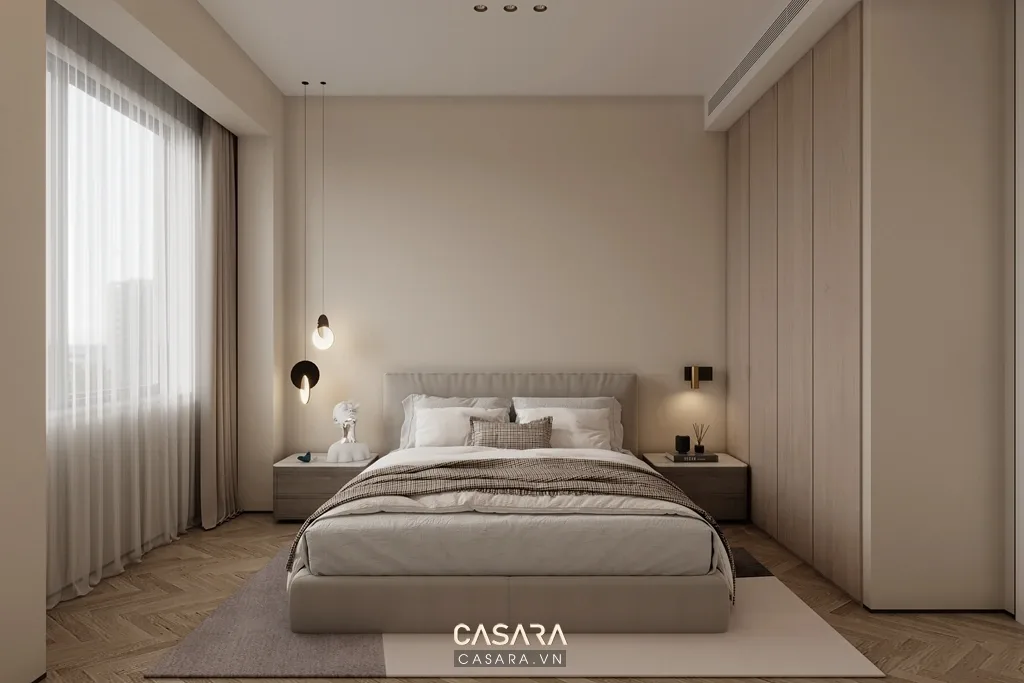 thiết kế phòng ngủ phong cách hàn quốc với tủ áo cao và đèn ngủ ấm