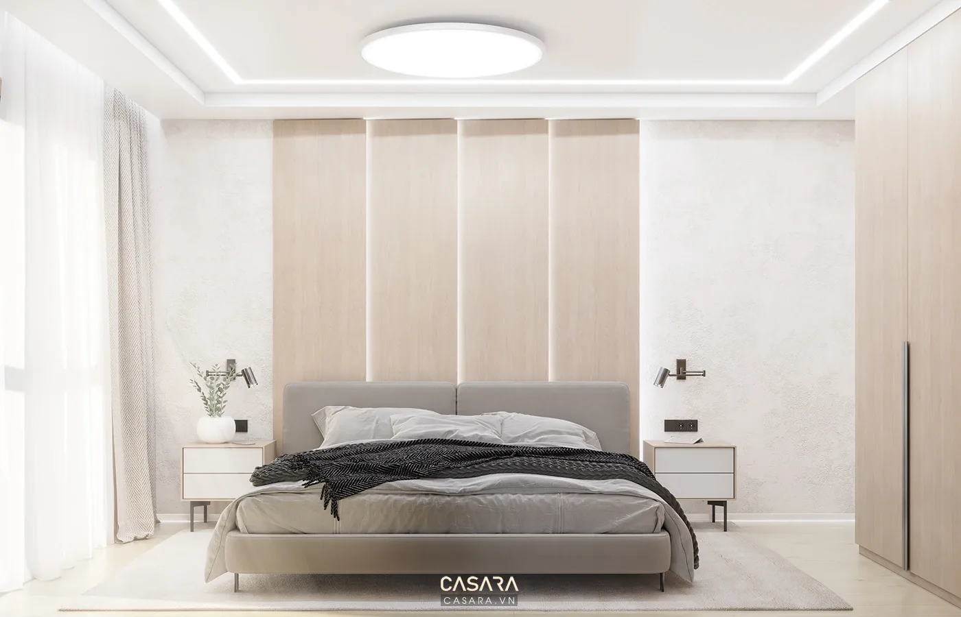 Nội thất căn hộ Vinhomes phòng ngủ chính có giường bọc vải và tủ áo kịch trần